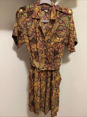 Vintage Paisley Short Sleeve Belted Romper in Mustard & Brown